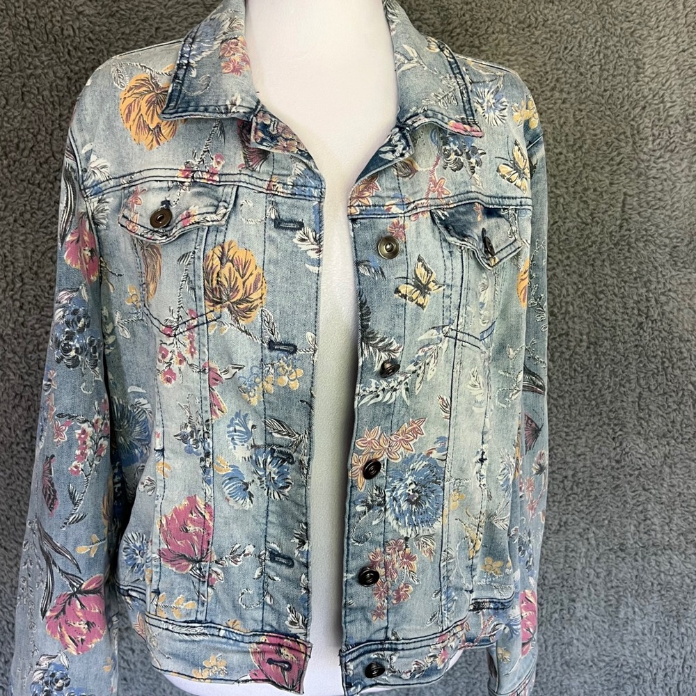 Charlie B Floral Butterfly Denim Jacket Artsy Blue Stretch Soft Cotton Medium